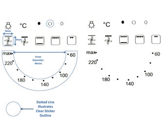 Texte noir 60-240/max degrés dans le sens des aiguilles d'une montre, étiquette de température et de symbole, fond transparent, autocollant de poêle, bouton autocollant, interrupteur, plaque de cuisson à gaz, four