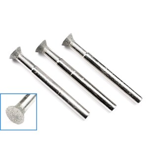 May include: Three silver-colored rotary burr bits with a cylindrical shaft and a rounded, textured head. The heads appear to be coated with a granular material. A smaller inset image shows a close-up of one burr bit.