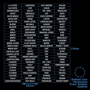 May include: A black and white diagram of a coffee machine control panel with a dotted line outline. The panel has a grid of buttons with text labels for various coffee brewing options, including Americano, Latte, Espresso, and more. The panel is 32 mm wide and 5 mm thick.