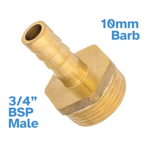May include: A brass 3/4" BSP male hose connector with a 10mm barb. The connector is designed to connect a hose to a 3/4" BSP threaded pipe.