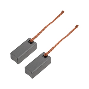 May include: Two gray carbon brushes with copper wire leads. The brushes are rectangular and have a rounded edge. The wires are braided and are a light brown color.