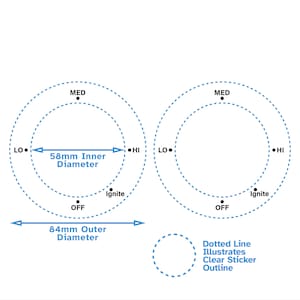 May include: Diagram showing the different sizes of a round sticker. The inner circle is 58mm in diameter, the outer circle is 84mm in diameter. The text "Dotted Line Illustrates Clear Sticker Outline" is below the diagram.