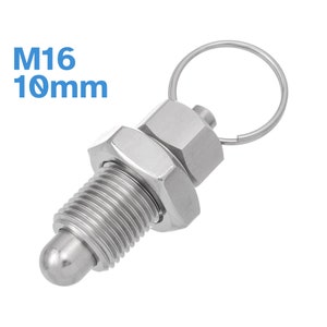 May include: A silver metal latch with a ring, a threaded shaft, and a rounded head. The latch is labeled "M16 10mm".