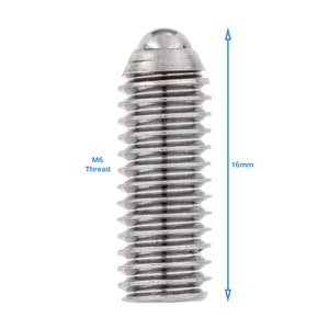 May include: A silver-toned, spring-loaded, ball-tipped plunger with a 16mm length and M6 thread. The plunger is designed for use in industrial applications.