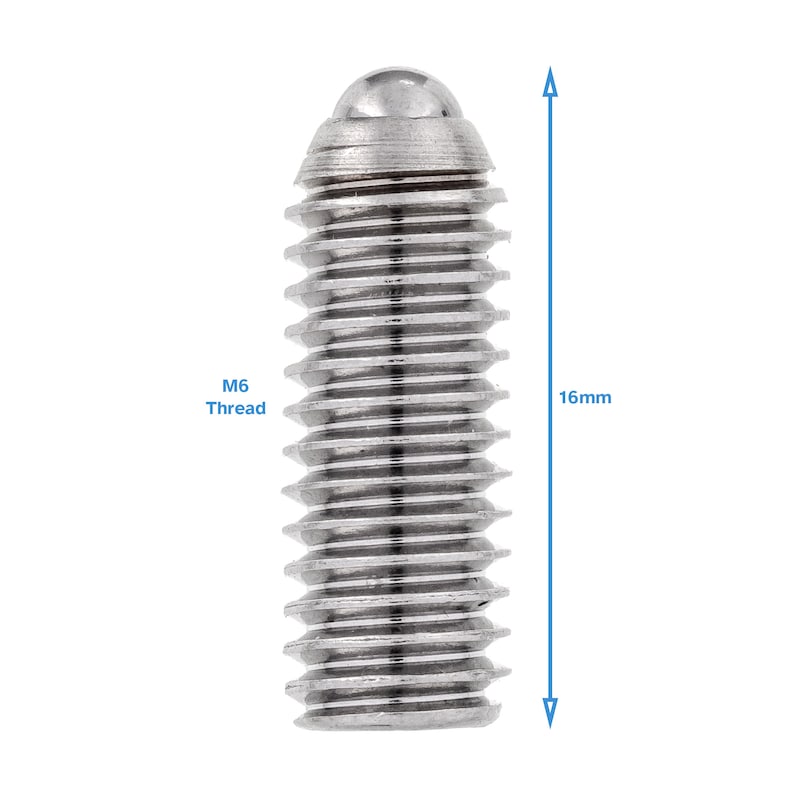 May include: A silver-toned, spring-loaded, ball-tipped plunger with a 16mm length and M6 thread. The plunger is designed for use in industrial applications.