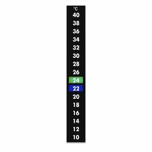 May include: A vertical black thermometer strip featuring white temperature markings from 10 to 40 degrees Celsius. The number 24 is highlighted in a green rectangular box, and the number 22 is highlighted in a blue rectangular box.