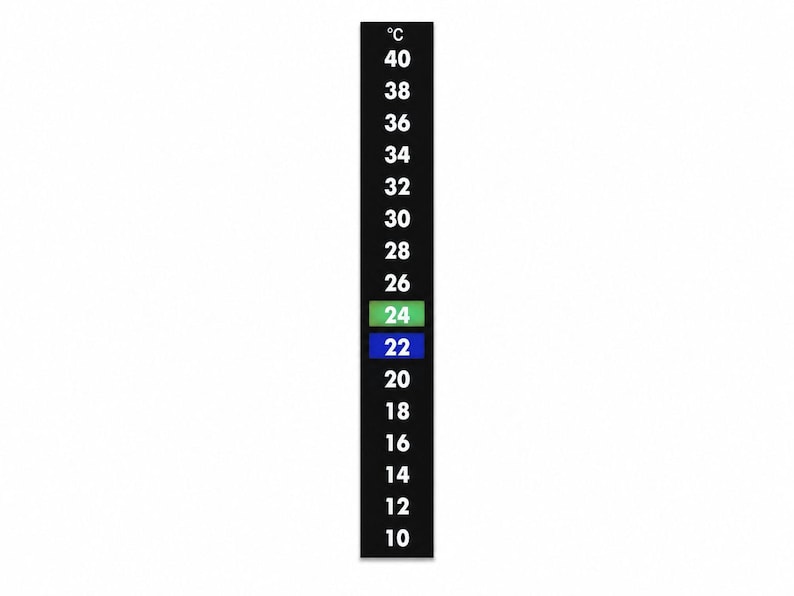 May include: A vertical black thermometer strip featuring white temperature markings from 10 to 40 degrees Celsius. The number 24 is highlighted in a green rectangular box, and the number 22 is highlighted in a blue rectangular box.