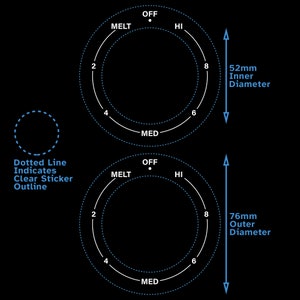Pode incluir: Dois botões brancos de fogão sobre um fundo preto. Os botões têm um design circular com marcas para "OFF", "MELT", "MED" e "HI". O botão interno tem um diâmetro de 52 mm e o botão externo tem um diâmetro de 76 mm. Uma linha pontilhada indica o contorno de um adesivo transparente.