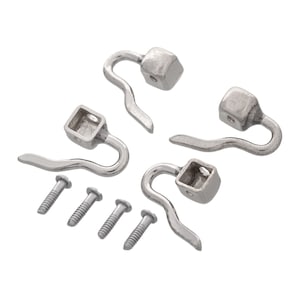 May include: Four silver-toned hooks with square bases and a curved hook design. The hooks are accompanied by four silver-toned screws.