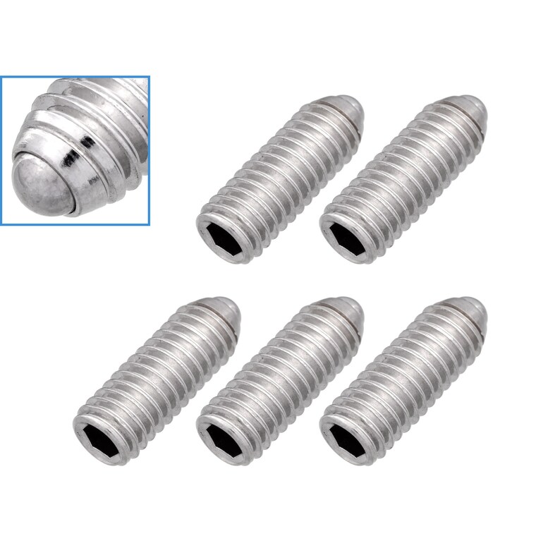 May include: Six silver-toned, ball-end socket head cap screws. The screws have a hexagonal head and a ball-shaped end.