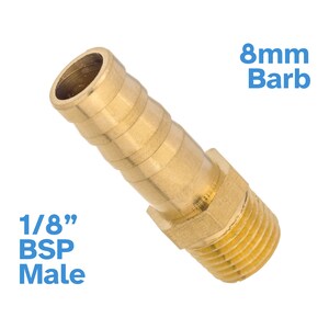 May include: A brass 1/8" BSP male to 8mm barb fitting. The fitting is designed to connect a 1/8" BSP male threaded pipe to a 8mm hose.