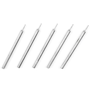 May include: A set of five silver-colored metal drill bits arranged in a parallel diagonal line. Each bit features a long, smooth cylindrical shank that tapers to a narrow, pointed tip at the top end, designed for precision drilling tasks.