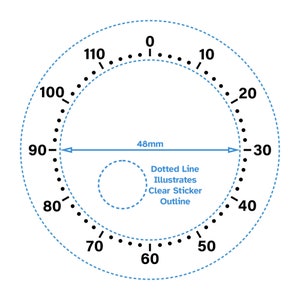 May include: A circular dial with black numbers from 0 to 120, marked in increments of 10. The dial is 48mm in diameter and has a dotted line around the edge. The text "Dotted Line Illustrates Clear Sticker Outline" is written below the dial.