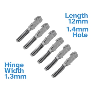 May include: A set of five silver-toned metal spring hinges, each featuring a coiled spring section and a flat end with a circular opening. The components have a length of 12mm, a 1.4mm hole, and a hinge width of 1.3mm as indicated by the text.