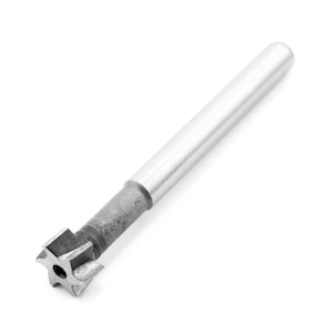 May include: A metal countersink tool with a star-shaped cutting head and a cylindrical handle. The tool is silver in color and appears to be made of steel. The tool is designed for creating conical holes for screws or bolts.