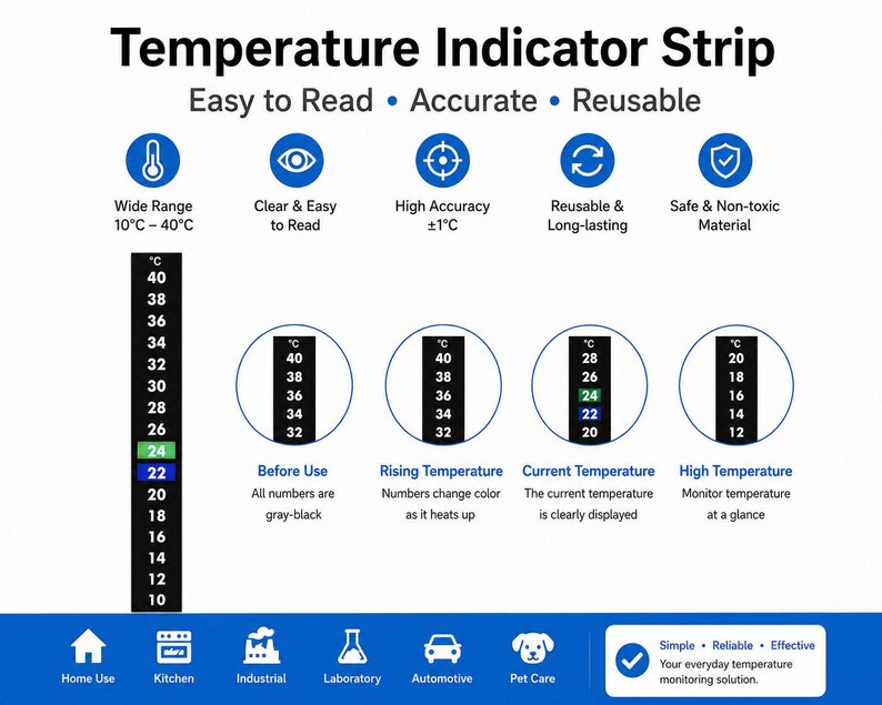 May include: A black temperature indicator strip with white numerical markings from 10&deg;C to 40&deg;C. The graphic displays features including wide range, high accuracy of &plusmn;1&deg;C, and reusable material. It shows examples of temperature readings in various states.