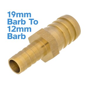 May include: Brass 19mm barb to 12mm barb hose connector. The connector is made of brass and has a hexagonal shape. It is used to connect hoses of different sizes.