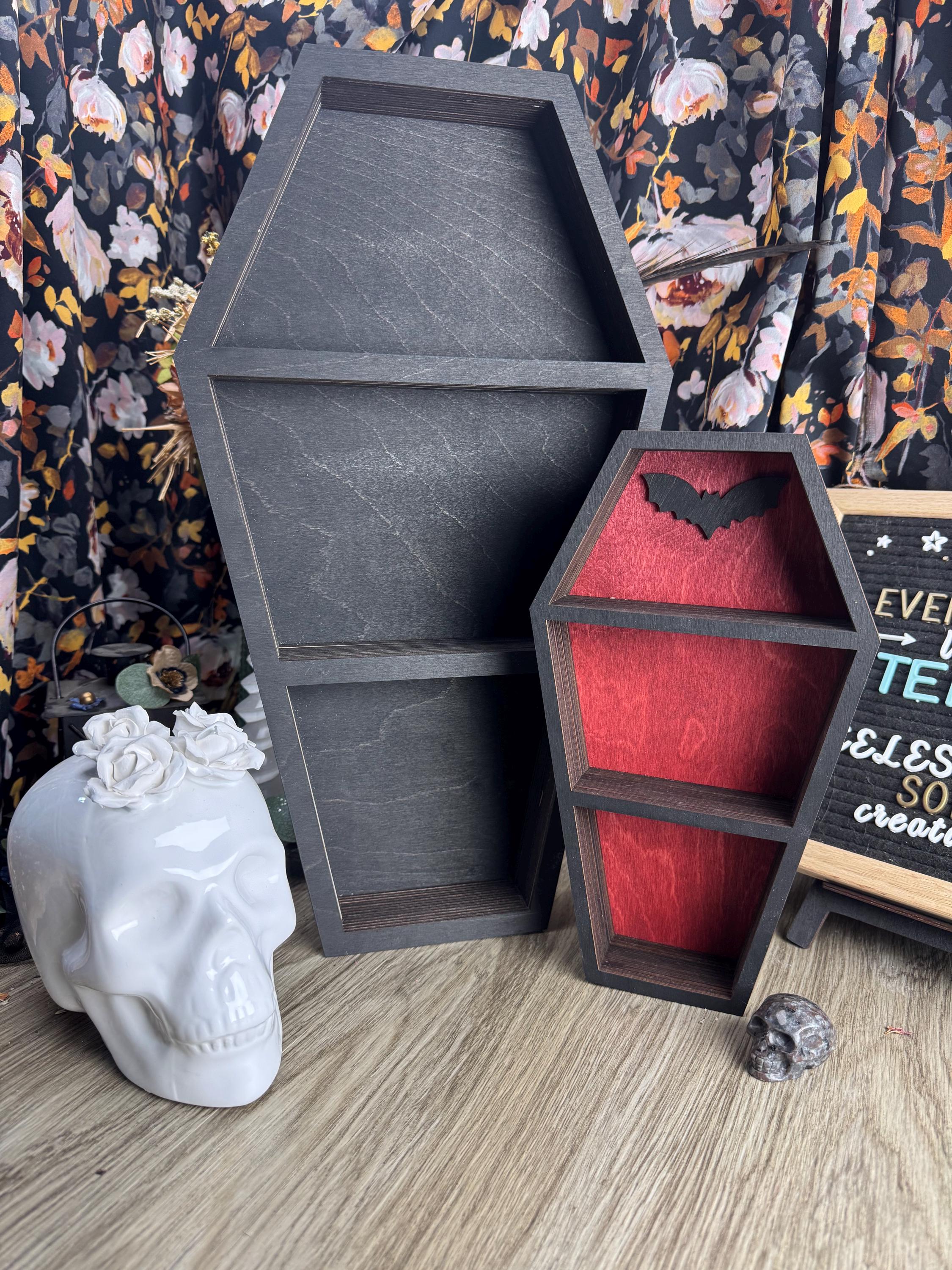 Gothic Coffin Shaped Shelf for Altar Decor, Witchy Crystal Display, Trinket Tray & Wall Art