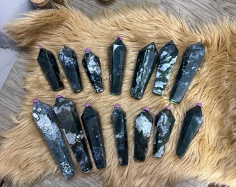 Natural Moss Agate Scepter – Green Chalcedony Quartz Crystal Wand, Statement Mineral