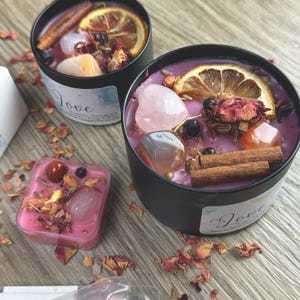 Love Ritual Crystal Candle with Rose Quartz, Lavender, and Sandalwood for Intention Setting & Manifestation