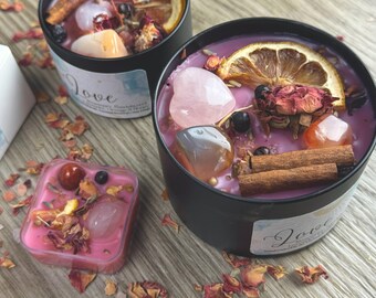 Love Manifestation Candle | Ritual Intention Candle with Rose Quartz & Carnelian | Herbal Spell Candle, Wood Wick