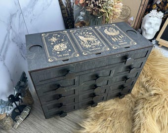 Large Oracle Card Holder, Metal Hardware, 13 Drawer Box, Altar Decor, Organizer, Tarot Deck Organization