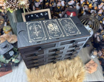 Jumbo Wooden Tarot Storage Box with 14 Drawers – 5x7, Metal Hardware, Collector Divination Organizer