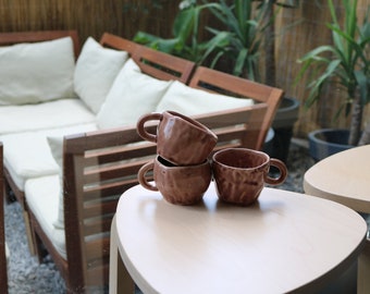 Lot De 3 Tasses En Grès Fait Main - Couleurs Marron, Naturel, Vert, Rouge - Poterie Artisanale US