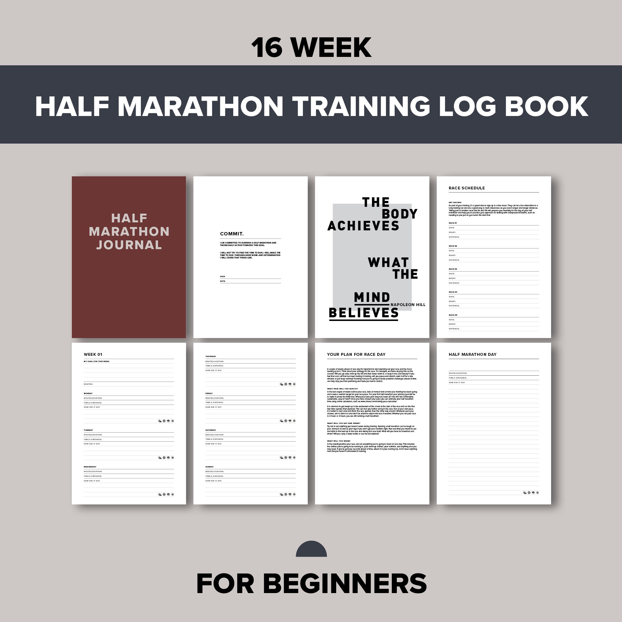 First Half Marathon Training Planner and Tracker, 16 Week Running Diary ...