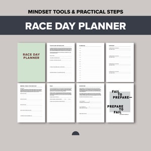 May include: A printable race day planner with sections for your race day plan, schedule, strategy, mental tools, race details, nutrition, and a motivational quote: "Fail to prepare, prepare to fail."