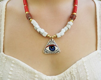 Collier yeux en céramique perlée en pierre de quartz, collier œil triangulaire, collier pierres précieuses, collier pour femme, collier en pierre naturelle