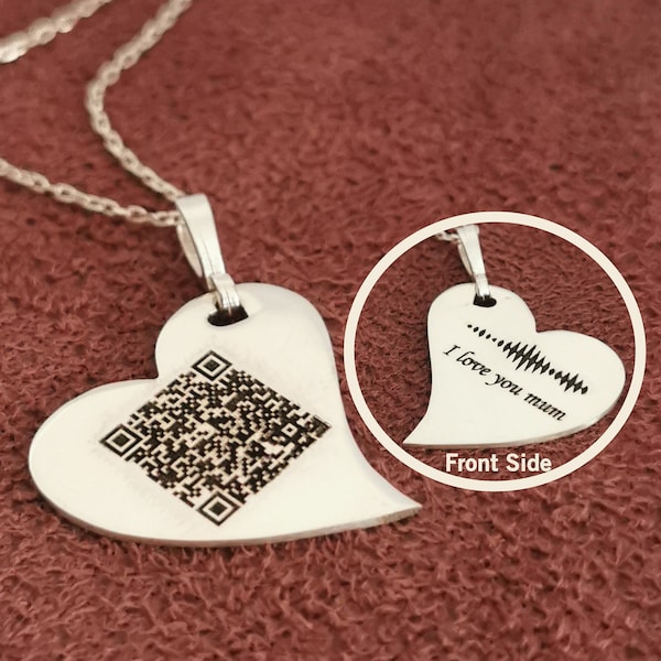 Keepsake Mother's Day Gift • Heart QR Code Necklace • Engraved Soundwave Necklace • Personalized Memorial Necklace • Voice Recording Gift
