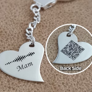 Custom Heart Keychain • Engraved QR Code Key Ring • Voice Recording Gift • Custom Sound Wave Jewelry  • Silver Name Keychain • Gift For Mom