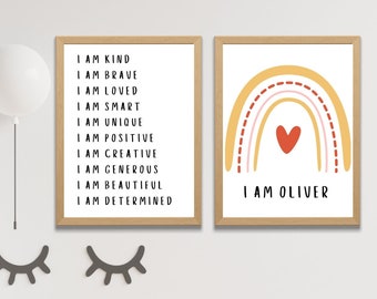 Set of 2 I Am Personalised Affirmations, Childs Print, Colourful Wall Print, Nursery Decoration Playroom, Kids Bedroom, Gifts for Children