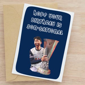 Carte d'anniversaire fils Heung-Min, carte de voeux de football drôle Spurs, cadeau fait main Tottenham Hotspur pour lui ou elle, carte Son-sational