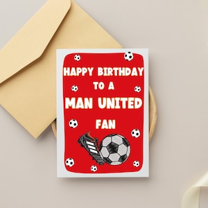 Tarjeta de aficionado del Manchester United, tarjeta de cumpleaños del Manchester United, tarjeta con el equipo favorito, tarjeta de fútbol, amante del Manchester United, tarjeta de cumpleaños del Manchester United, regalo del Manchester United