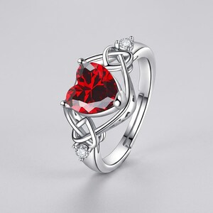 Adjustable Heart Ring, 925 Sterling Silver Red Zircon Celtic Knot Ring, Promise Ring for Her, Romantic Gift, Valentines Day , Statement Ring