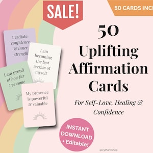 50 druckbare Affirmationskarten für Frauen, Selbstliebe, Selbstfürsorge, psychische Gesundheit, tägliche positive Zitate, digitale Motivationskarten