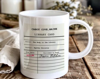 Murder she wrote, vintage library card, Cabot Cove book mug, 80s TV show mug, Jessica Fletcher mug, Lady cop mug, Detective, Nostalgic 80s