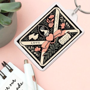 Llavero con carta de amor de Jane Austen para amantes de los libros, literatura clásica, llavero, novela Orgullo y prejuicio, idea de regalo para mamá, literatura inglesa