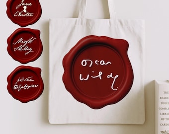 Sacola de pano com selo de cera de autores literários famosos clássicos: Jane Austen, Mary Shelley, Shakespeare, Oscar Wilde. Presente literário personalizado.