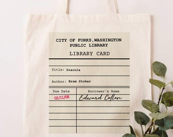 Twilight book tote bag, Edward Cullen bag, Bram Stoker, Dracula book, Library card tote, Edward Bella, Bookish bag, vampire bag, Bella Swan