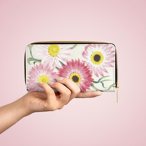 Cartera con cremallera, tarjetero de piel vegana con margaritas eternas australianas, monedero
