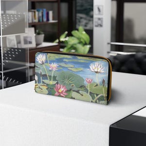 Cartera con cremallera, tarjetero de cuero vegano Kakadu, monedero, Nymphaea gigantea australiana (NT) y Nelumbo nucifera (lirio rojo)