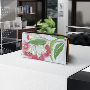 Cartera con cremallera, tarjetero de cuero vegano con flores de eucalipto rosa australiano (WA), monedero