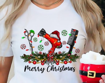 Merry Christmas Hairstylist Shirt, Hairdresser Theme Christmas Sweatshirt, Hair Tools Christmas Tee, Hair Dresser New Year Holiday T-Shirt