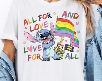 Camiseta Disney Stitch "All For Love and Love For All", camiseta del orgullo LGBT de Disney, camiseta de igualdad de género, camiseta del orgullo con derechos iguales