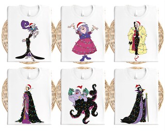 Disney schurken kerstverlichting karakters shirt, Disney schurken boze koningin Maleficent Ursula kerstt-shirt, kerstfeest bijpassende cadeau