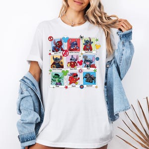 a woman wearing a white t - shirt with a picture of various characters on it