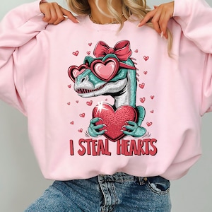 I Steal Hearts Valentines Day Shirt, Cute Dinosaur Valentine Shirt, Funny T-Rex Valentines Day Sweatshirt, Dinosaur Heart Kids Shirt
